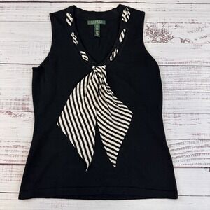 LAUREN Ralph Lauren Black Sweater 100% Cotton Tie V-Neck Sleeveless Tank Size XS